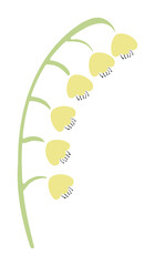 Cartoon lily of the valley flower hand drawn illustration. Scandinavian style flat design, isolated vector. Meadow blossom, wild floral, botanical element. Kids seasonal clip art, spring, summer print