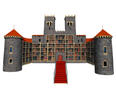 Enchanting Stone Castle Library, A Majestic Fortress of Knowledge with Hidden Underground Chambers and Towers Housing Countless Volumes, Evoking a Sense of Mystery and Intellectual Exploration