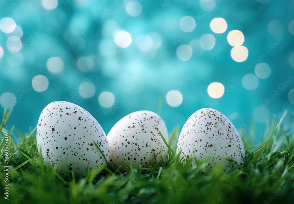 Poster serene scene of three white speckled eggs resting on lush green grass with a dreamy bokeh background