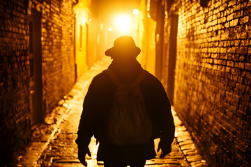 Fototapeta premium Nighttime wanderer silhouetted in a brick alleyway