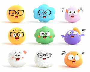 Obraz premium Nine cheerful 3D cartoon characters on white