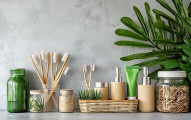 Eco-friendly bathroom jars, brushes, toiletries, and foliage
