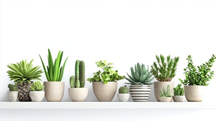 Fototapeta premium Beautiful Green Succulents and Cacti in Stylish Pots Home Decor Modern Minimalist Plant Arrangement Indoor Plants Collection for Interior Design White