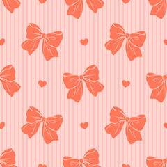 seamless pattern with cute red bow on pink background. Hand drawn vector illustration. Perfect for wedding design, party decoration, wrapping paper and textile