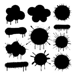Ink Splatter Shapes Collection. A set of abstract ink splatter shapes with drips and rough edges, perfect for grunge-style designs.