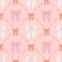 Cute aesthetic seamless pattern of ribbon bows on pink background. Hand drawn vector illustration. Perfect for wedding design, party decoration, gift wrapping paper and textile