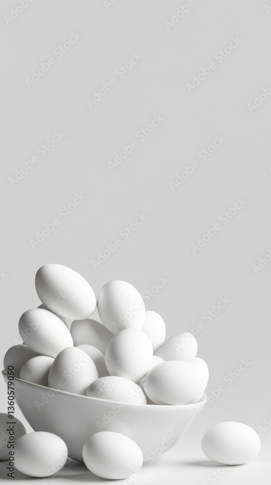 Poster fresh white eggs arranged in a bowl with some scattered on a smooth surface in a minimalist setting