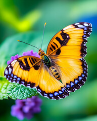 Fototapeta premium Orange butterfly perched on purple flower in garden