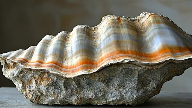 Polished fossil clam shell on stone; geological specimen; scientific exhibit; educational resource