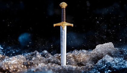 Fototapeta premium Ornate sword planted in dark, icy ground