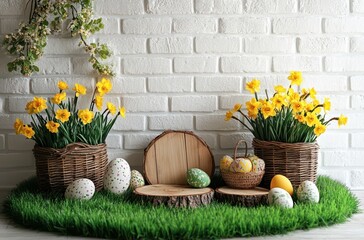 Spring Easter Decorations with Yellow Daffodils, Colorful Eggs, and Natural Elements on a Grass-Themed Background Against a White Brick Wall
