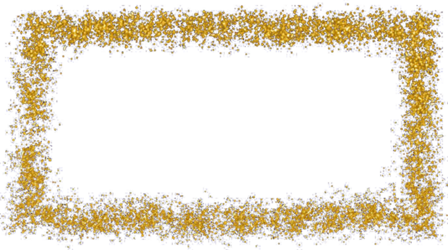 Gold glitter frame. Sparkling golden border. Shine dust effect. Square decoration with glow. Transparent background png isolated