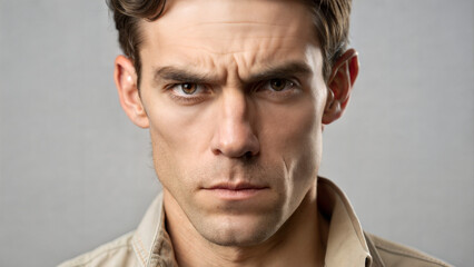 Fototapeta premium Serious man with intense expression against neutral background 