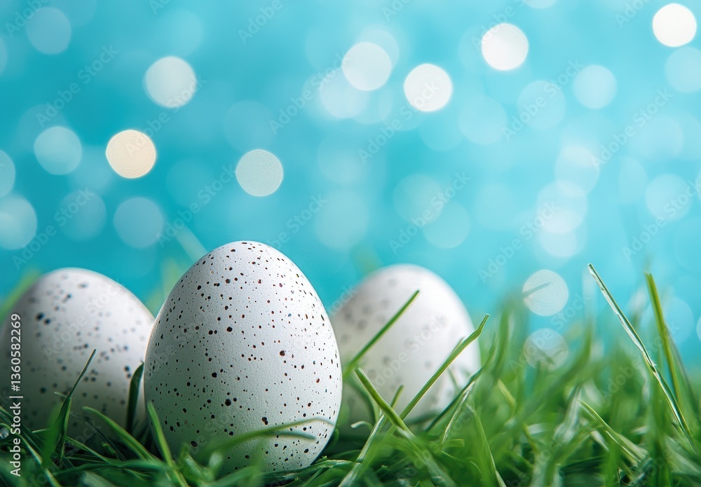 Aufkleber three beautiful speckled eggs resting gently on lush green grass against a shimmering turquoise back