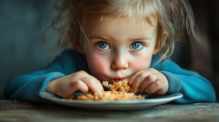 Naklejka premium Child eating food from plate