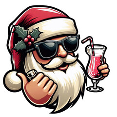 Santa Claus with a cocktail in hand and glasses. Sticker, PNG