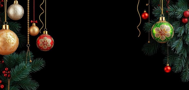 Elegant Christmas ornament elements, gold, silver, red, green, hanging on black background with white overlay, shine, glitter, bauble