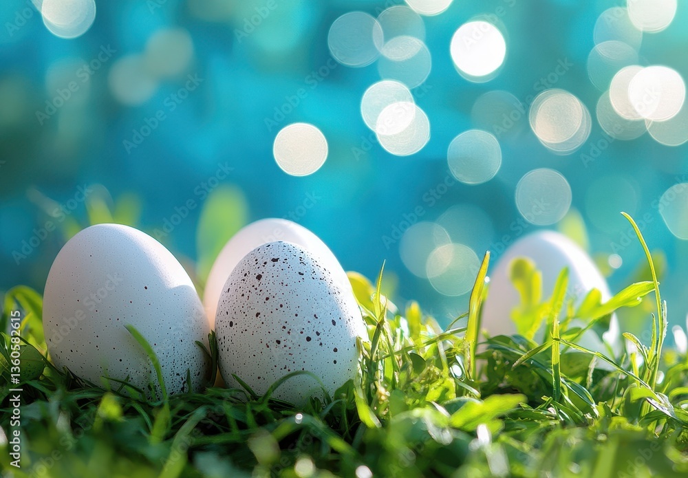 Aufkleber three white eggs nestled in fresh green grass with a sparkling blue bokeh background in a nature ins