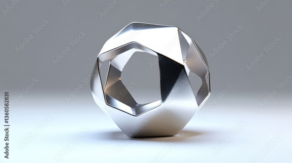 Poster a reflective geometric sphere featuring irregular shaped openings and clean lines