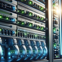 Realistic AI-generated illustration of a close-up server rack in a modern data center, illuminated by blue and neon lights, showcasing cables, cooling vents, and blinking LEDs. No people present.