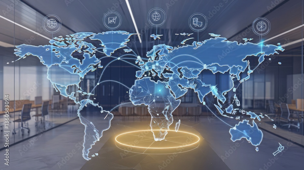 Poster global network in office: an illustration of a world map overlaid with network connections and digit