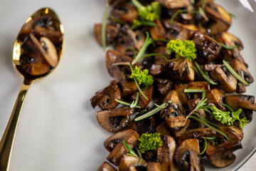 Roasted, baked mushrooms, homemade food. Top view