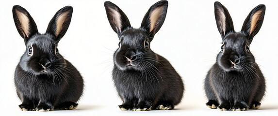 Fototapeta premium Charming trio of black rabbits on a bright white background, perfect for pet care promotions, Easter themes, or children's products.