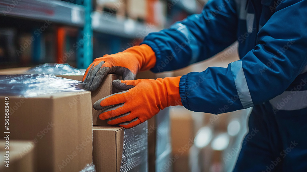 Poster warehouse worker checks inventory while organizing boxes in a storage facility during daylight hours