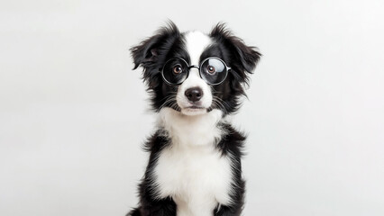 Border collie puppy in stylish glasses looks into the frame on a white background