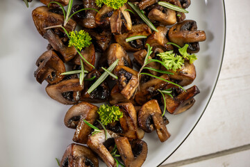 Roasted, baked mushrooms, homemade food. Top view