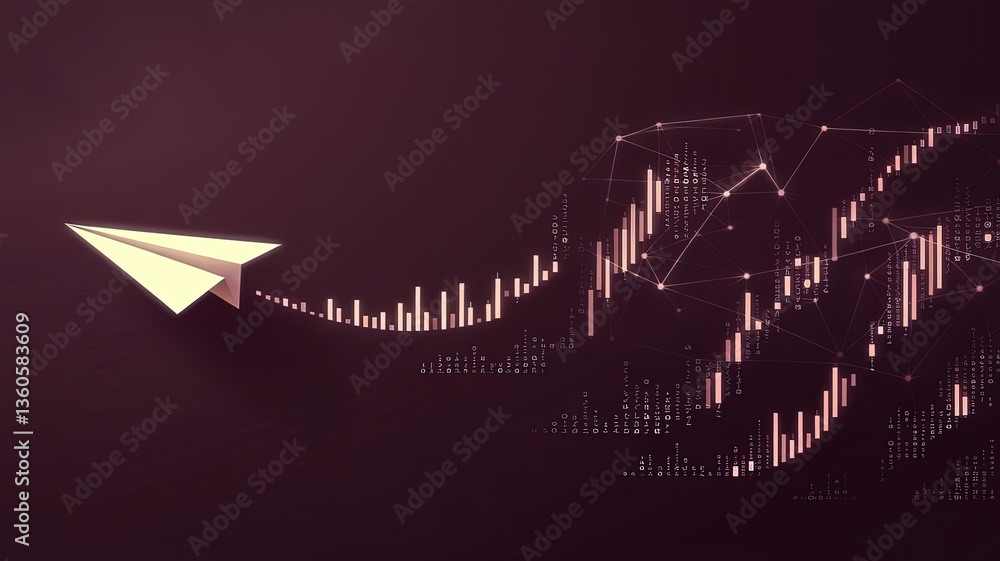 Poster soaring investments: a paper airplane navigates through an abstract data visualization, representing