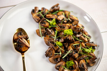 Roasted, baked mushrooms, homemade food. Top view