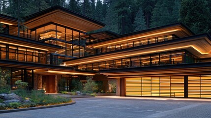 Luxurious modern home, forest setting, night lighting, driveway, real estate