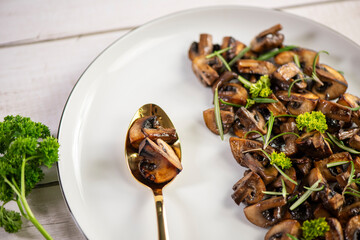 Roasted, baked mushrooms, homemade food. Top view