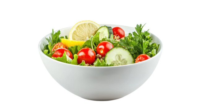 Fresh Vegetable Salad: Healthy Summer Meal with Red Tomatoes, Cucumbers, and Lemon in White Bowl - Nutritious Ingredients for Vegan and Vegetarian Cuisine