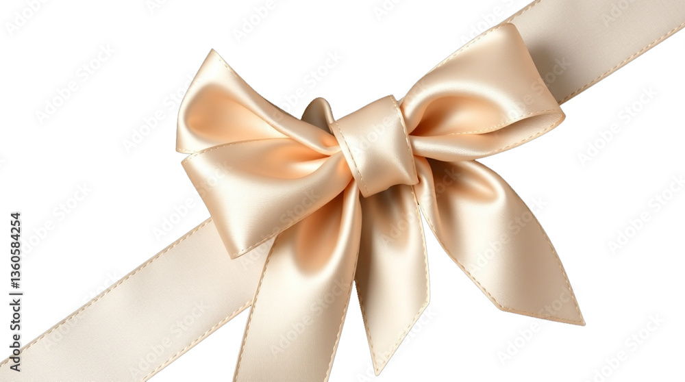 Poster beige satin ribbon tied in a bow. shiny fabric with delicate color on transparent background. simple