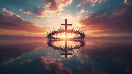 Crown of thorns, reflection in water with sky and clouds, silhouette of a cross on top of the crown, sunrise background. Easter concept with a holy scene