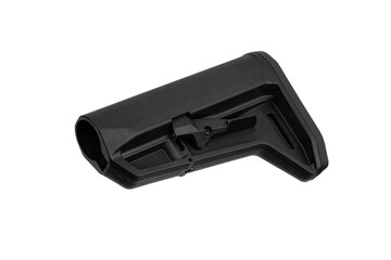 Adjustable-length rifle stock with a black finish and a textured buttplate for added grip.