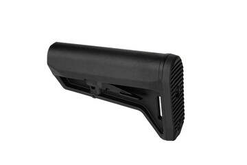 Versatile black rifle stock, offering length adjustment through a practical lever and textured...