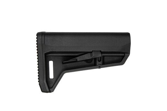 Black adjustable rifle stock featuring a textured buttplate and a lever for length adjustment.