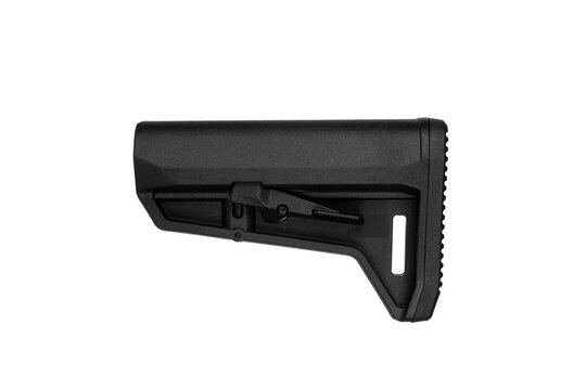Rifle stock in black, equipped with a textured buttplate and an adjustable length lever.