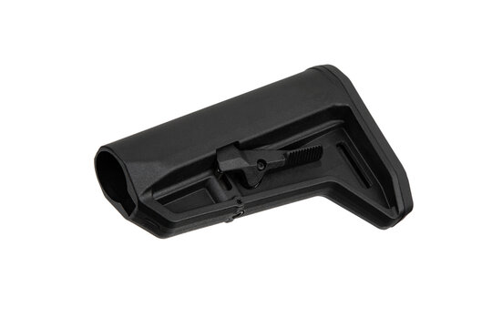 Adjustable-length rifle stock with a black finish and a textured buttplate for added grip.