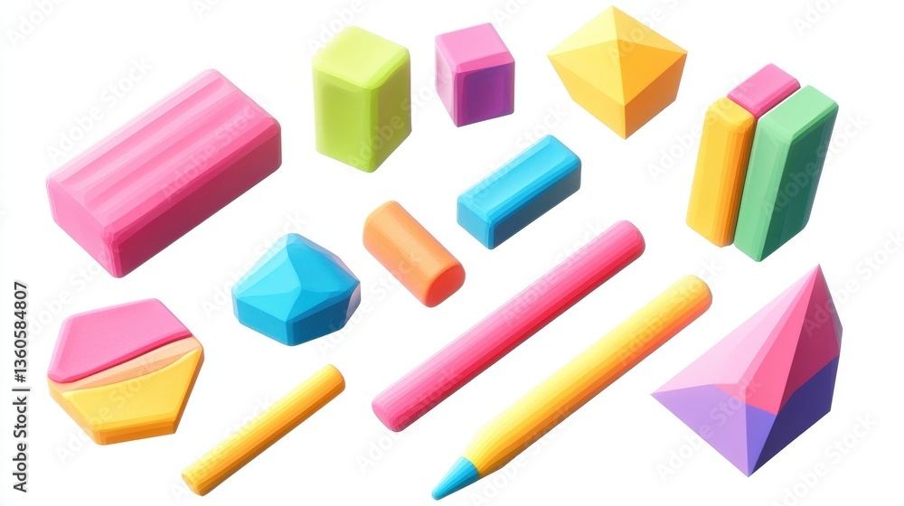Poster various colorful geometric shapes rendered in a simplified style on white background