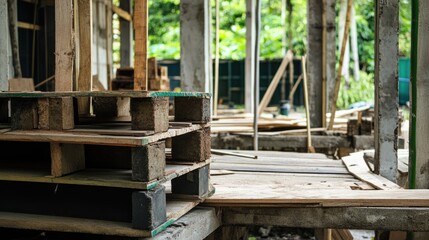 Construction Site: Wooden Pallets and Building Materials