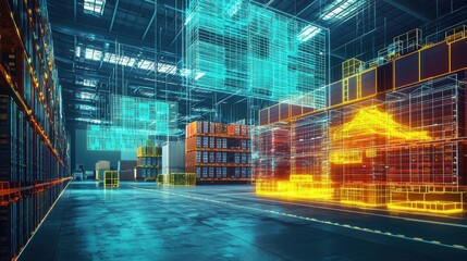 Futuristic Warehouse with Digital Overlays and 3D Data Visualization