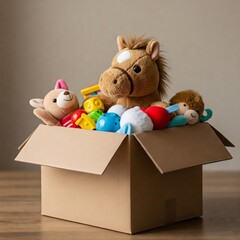 A cute plush horse peeks out of a cardboard box filled with children's toys for an orphanage. Warm, soft lighting, detailed textures, and a photorealistic 1:1 composition.