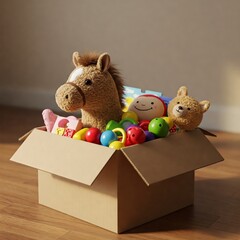 A cute plush horse peeks out of a cardboard box filled with children's toys for an orphanage. Warm, soft lighting, detailed textures, and a photorealistic 1:1 composition.