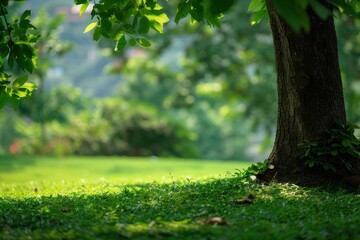 Obraz premium A serene park scene with a tree and lush greenery on a sunny day