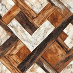 Rustic herringbone wood and marble pattern flooring design