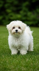 Adorable Bichon Frise Puppy Standing on Green Lawn in Natural Light